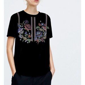 Zara Trafaluc Velvet T-Shirt Women's S Floral Print Black Short Sleeve Blouse